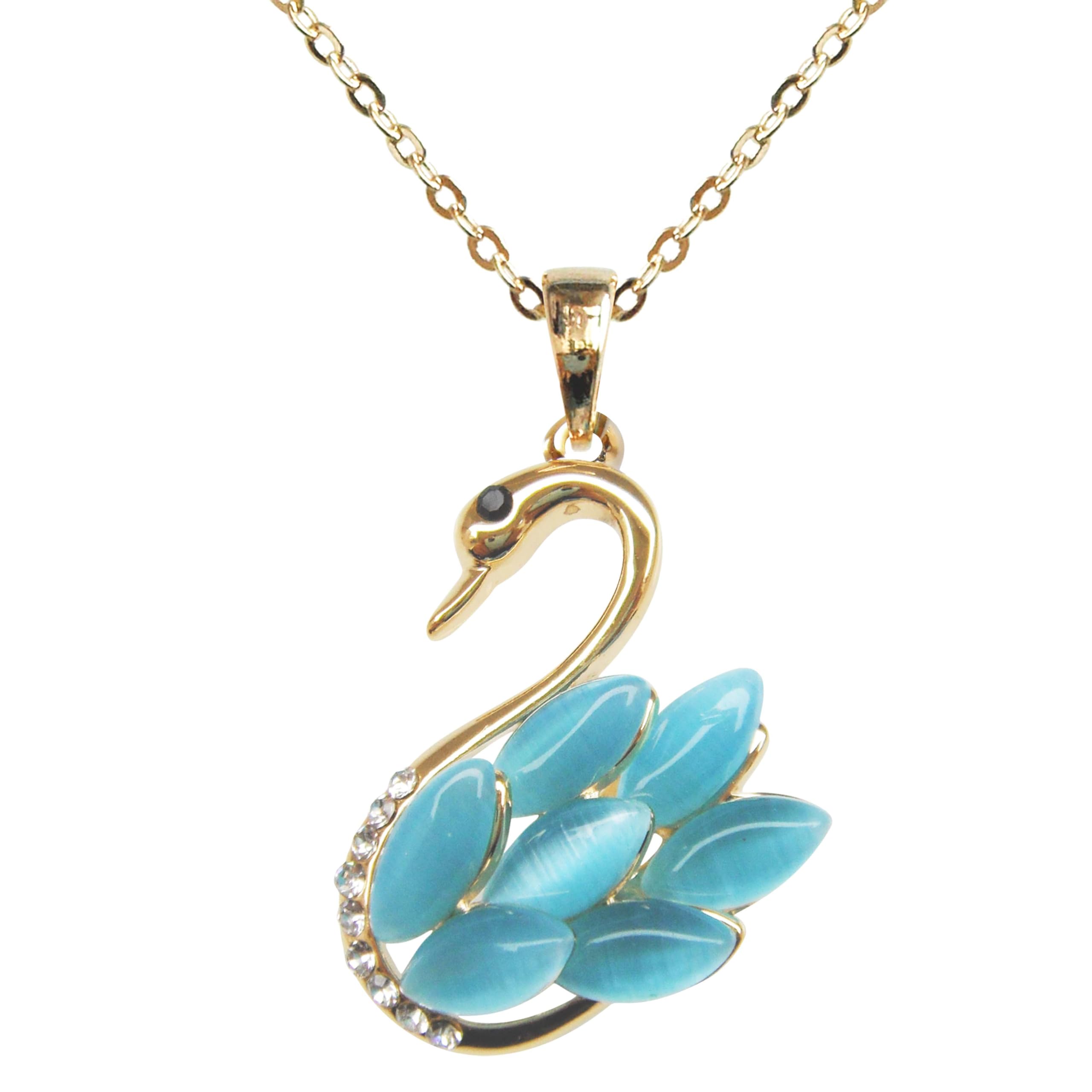 18k Yellow Gold Plated Swan Bird Opal Crystal Pendant Necklace 16"+2"