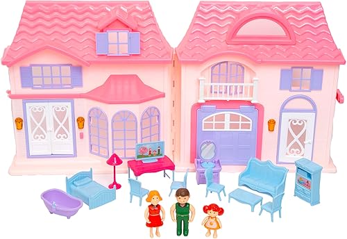 R & S LIMITED Boley: Casa de muñecas - Rosa y púrpura - Juego de 16 piezas - 3 muñecas familiares y 12 accesorios de muebles, diseño plegable y