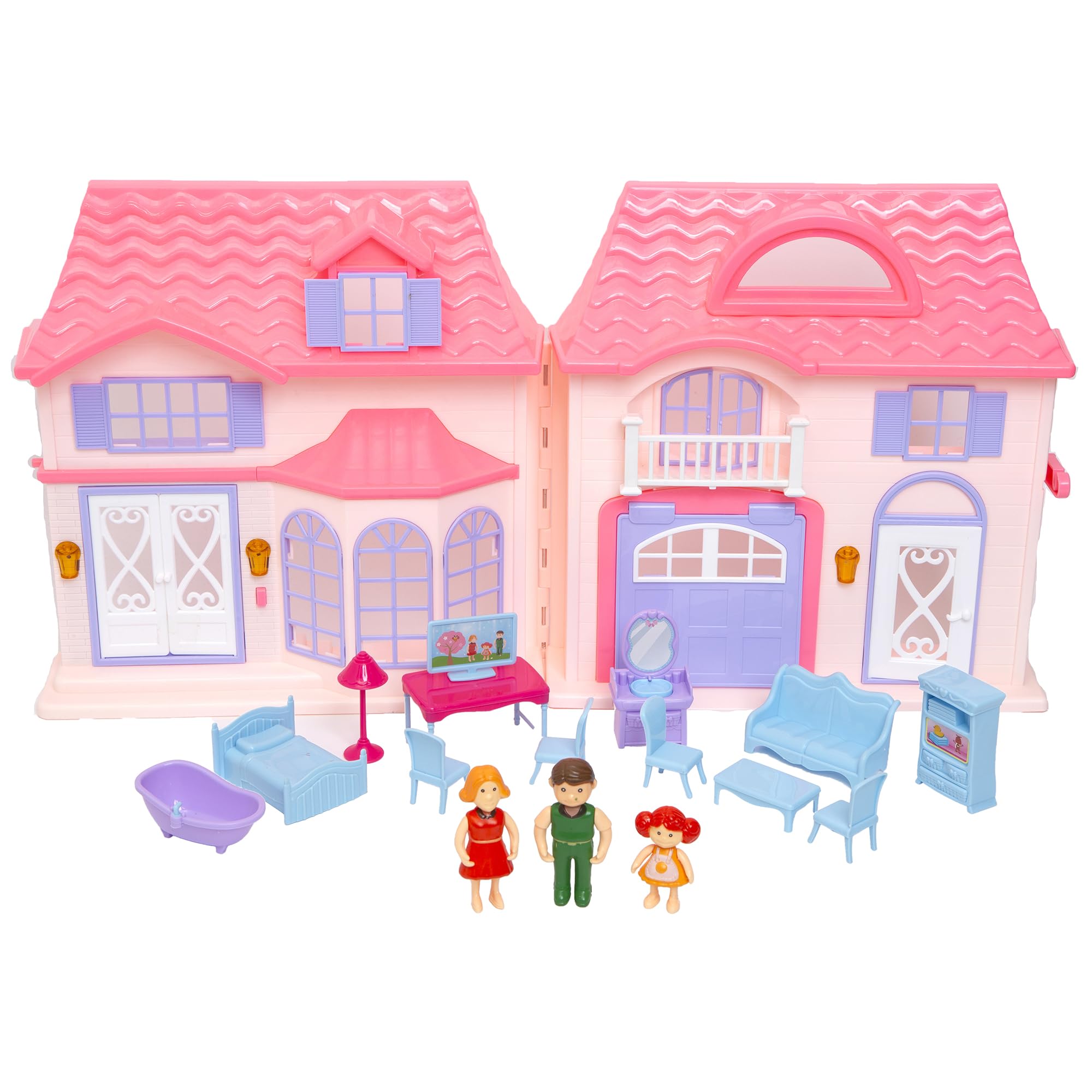 Boley: Doll House - Pink & Purple - 16pc Playset - 3 Family Dolls & 12 Furniture Accessories, Foldable & Portable Design, Durable Plastic, Kids 3+