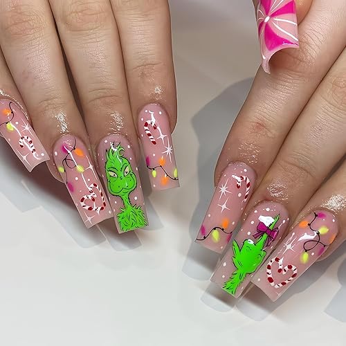 Miniatura 1 de Uñas postizas a presión de Navidad, largas y cuadradas, lindas uñas postizas de monstruo verde con diseños de cobertura completa, color rosa nude