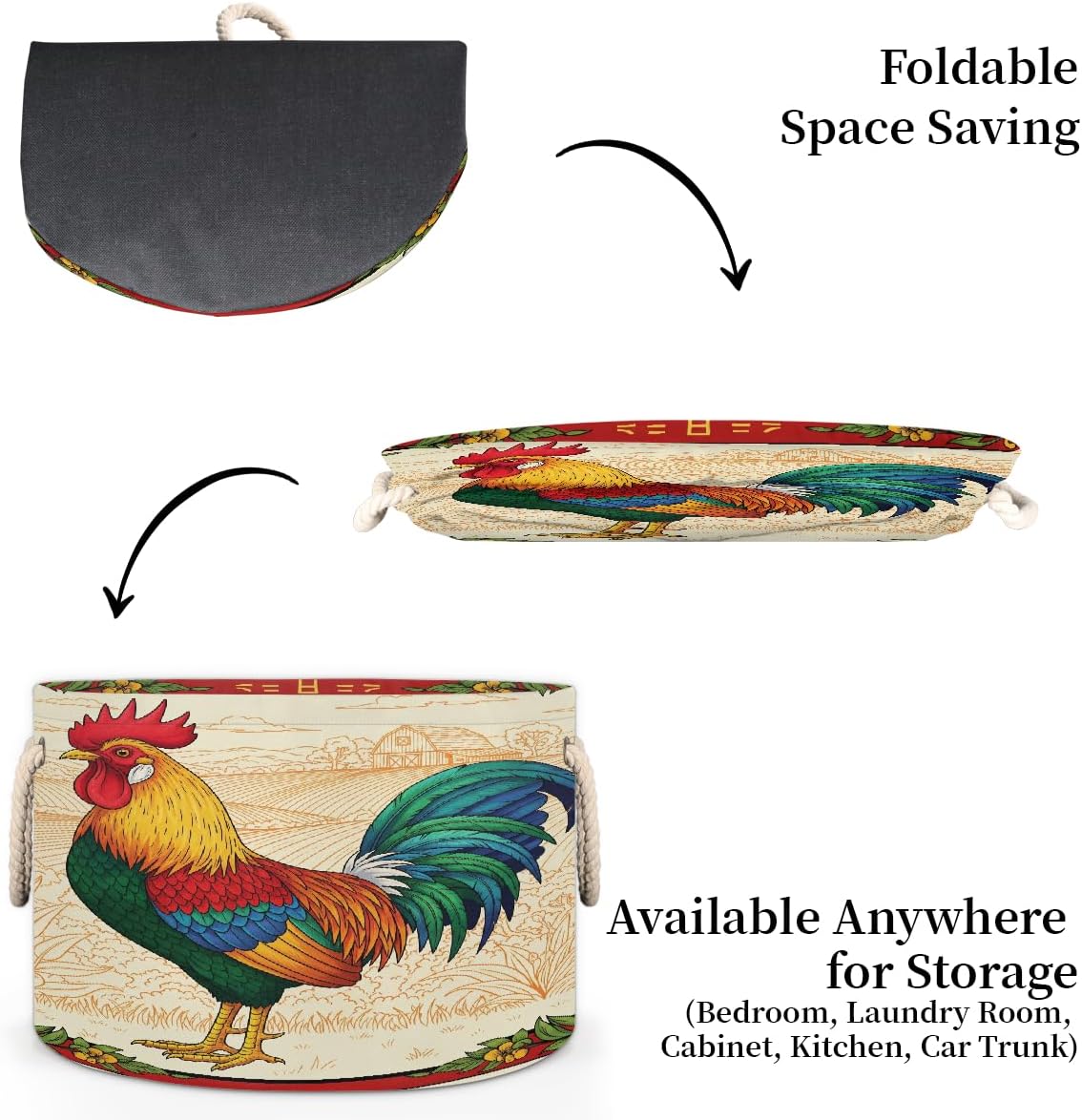 Large Storage Baskets - Rooster Farm Nursery Round Collapsible Organizer Bin Box, Laundry Hamper for Kids Toys, Blanket, Bedroom Living Room Home Decor, Gift Basket, 19.4"x13.3"