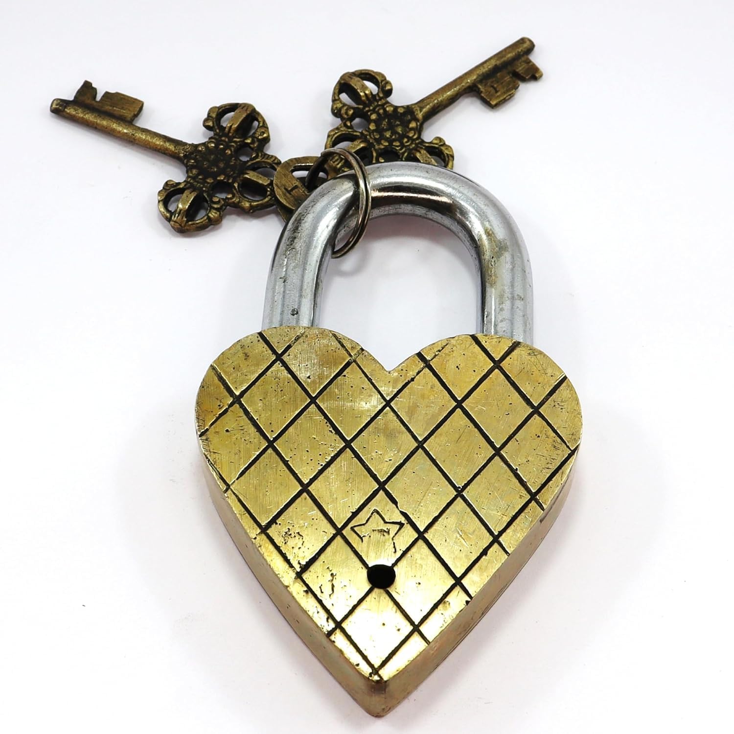 Brass Heart Shaped Antique Gold Style Door Lock Padlock with Two Flower Engraved Design and Working Keys - 4.7 x 1 x 2.5 Inches Pack of 1