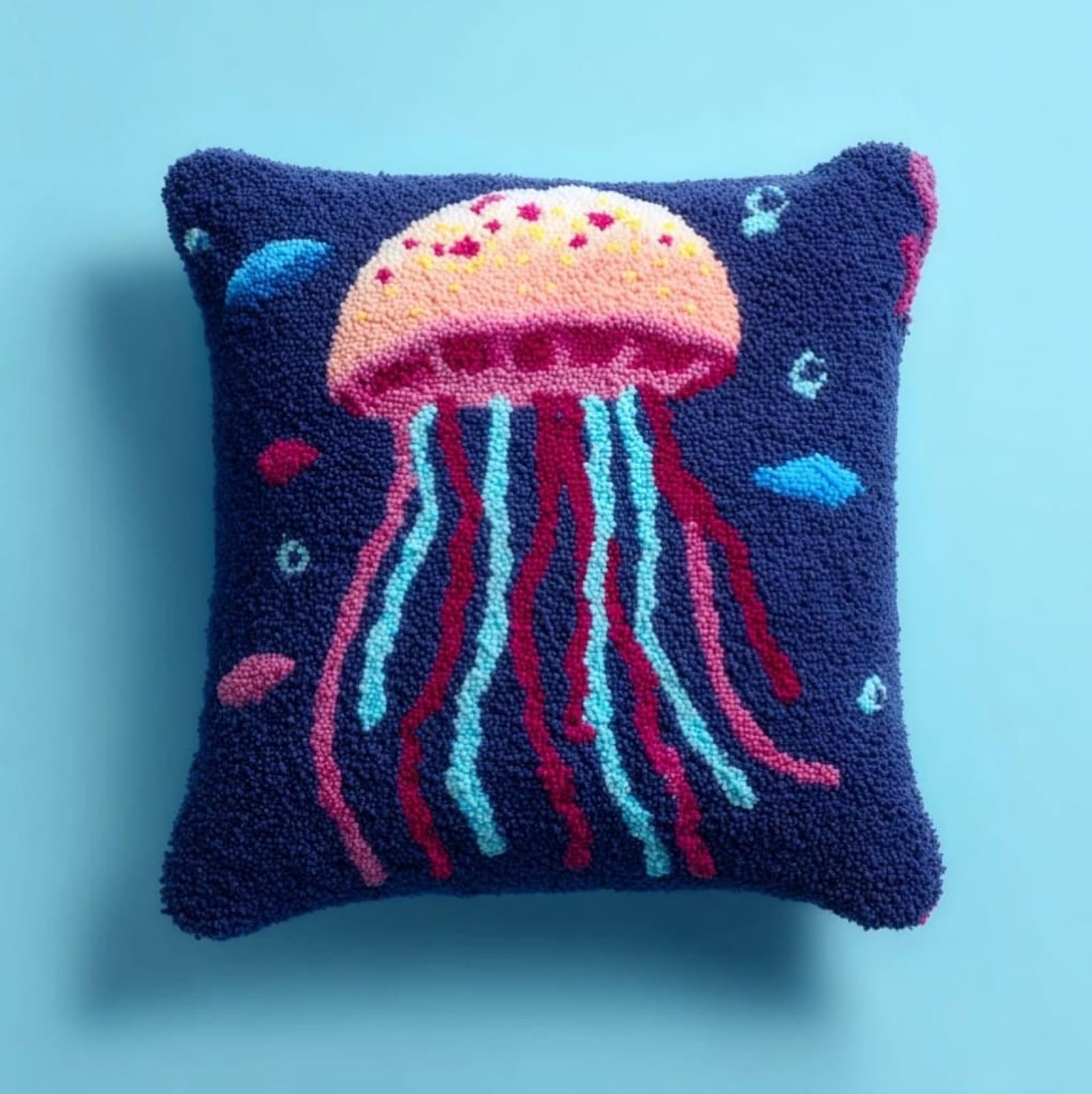 AxiangziK Beginners DIY Crochet Pillow Kit,Jellyfish Pre-Printed Pillowcase Hook and Latch Rug Kits 17X17 Inch Needlework Cushion Cover for Home Sofa Decoration