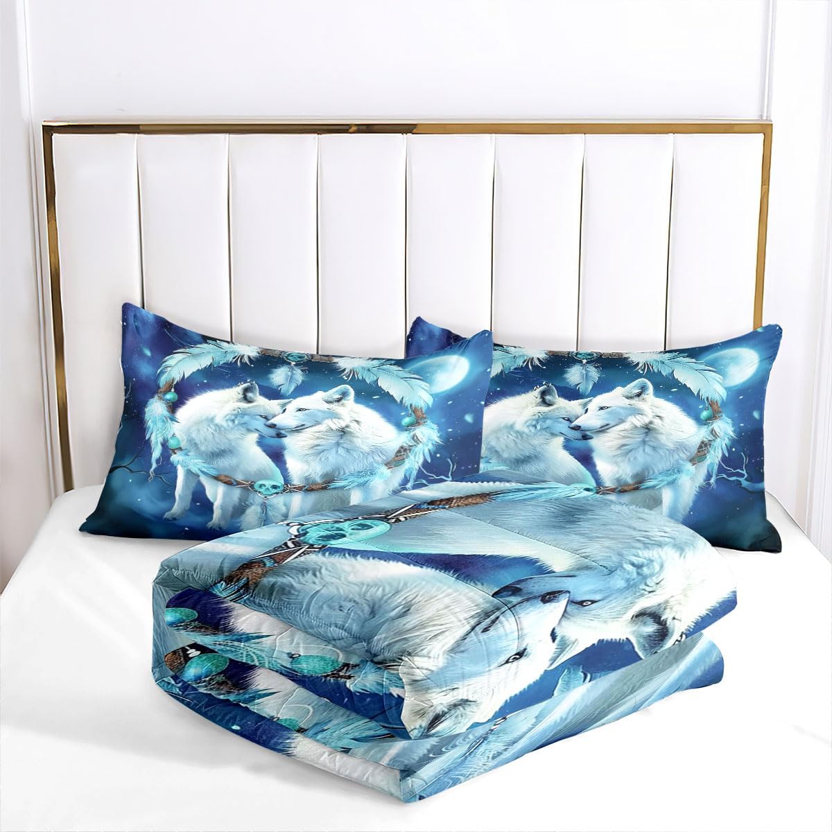 Full Comforter Wolf Wildlife Bedding Set Boho Dreamcatcher Down Comforter for Girls Boys Kids Adults Blue White Galaxy Bedding Sets Wild Animal Soft Microfiber Bed Set for All Seasons