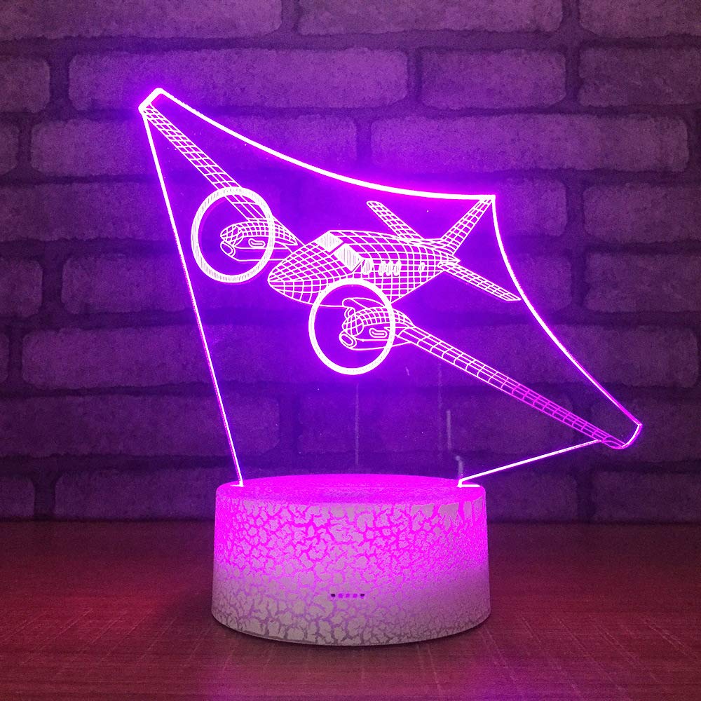 Jinnwell 3D Airplane Night Light Lamp Illusion 7 Color Changing Touch Table Desk Decoration Lamps Acrylic Flat ABS USB Cable Toy Gift