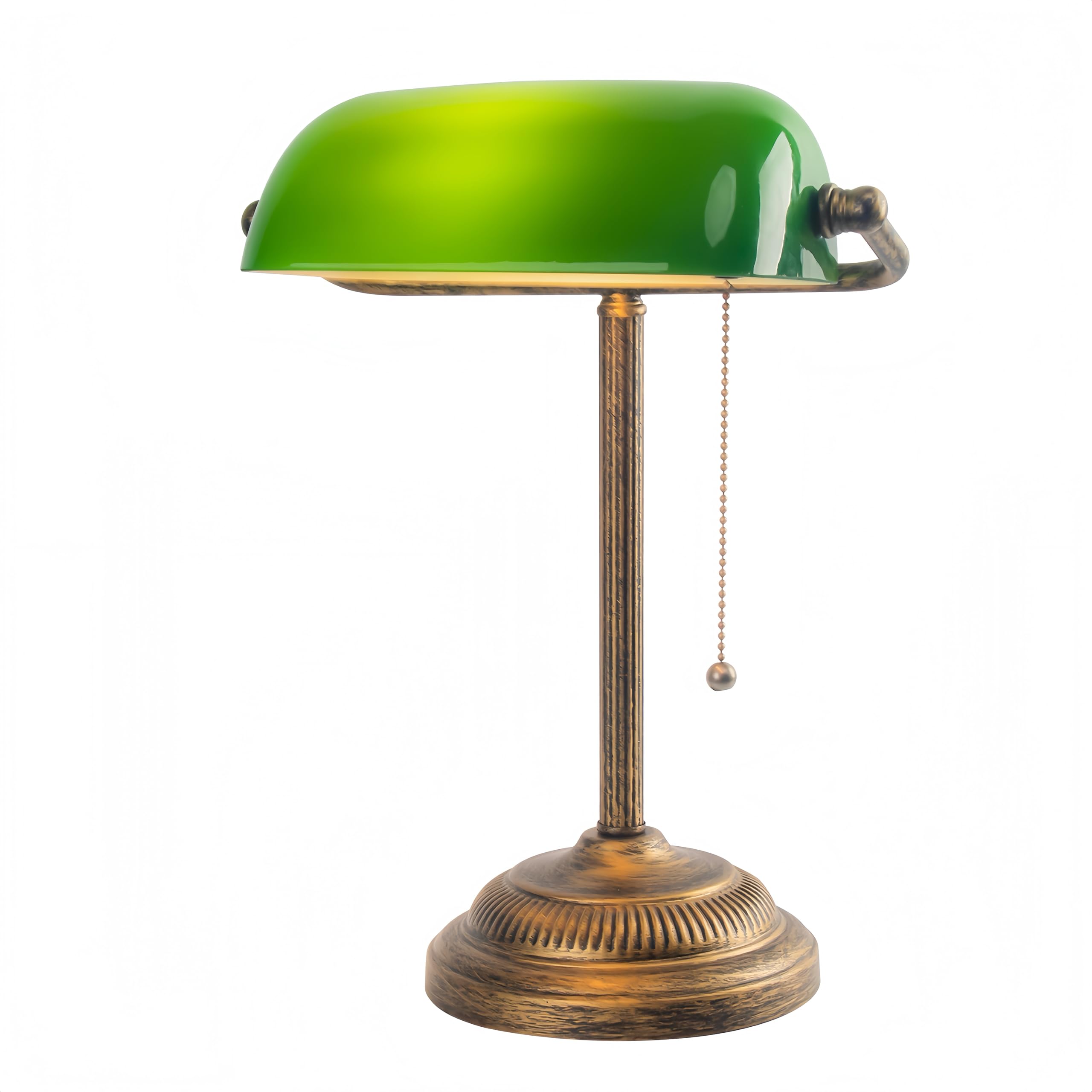 FIRVRE Banker-Schreibtischlampe mit Zugkettenschalter, grüner Glasschirm, E27-Bronzesockel, Vintage-Bibliothekslampe für Büro und Arbeitszimmer