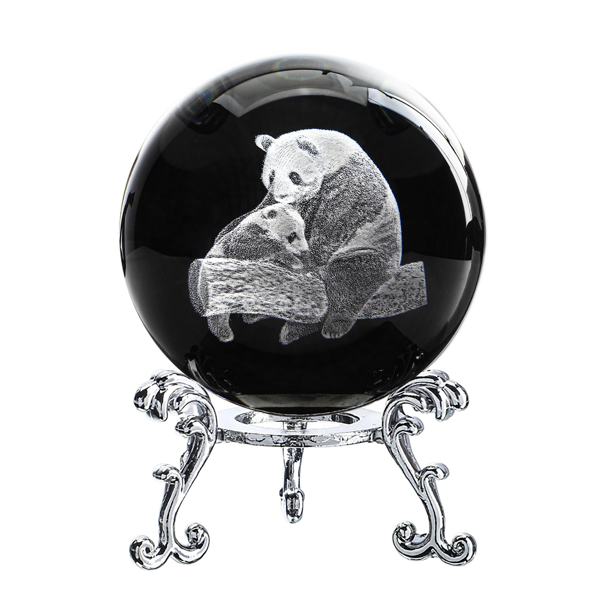 KASTWAVE Panda Crystal Ball, 60mm 3D Laser Engraved Full Sphere Glass Decorative Ball with Metal Stand, Table Figurines Collectibles Display Globe, Panda Mom and Baby