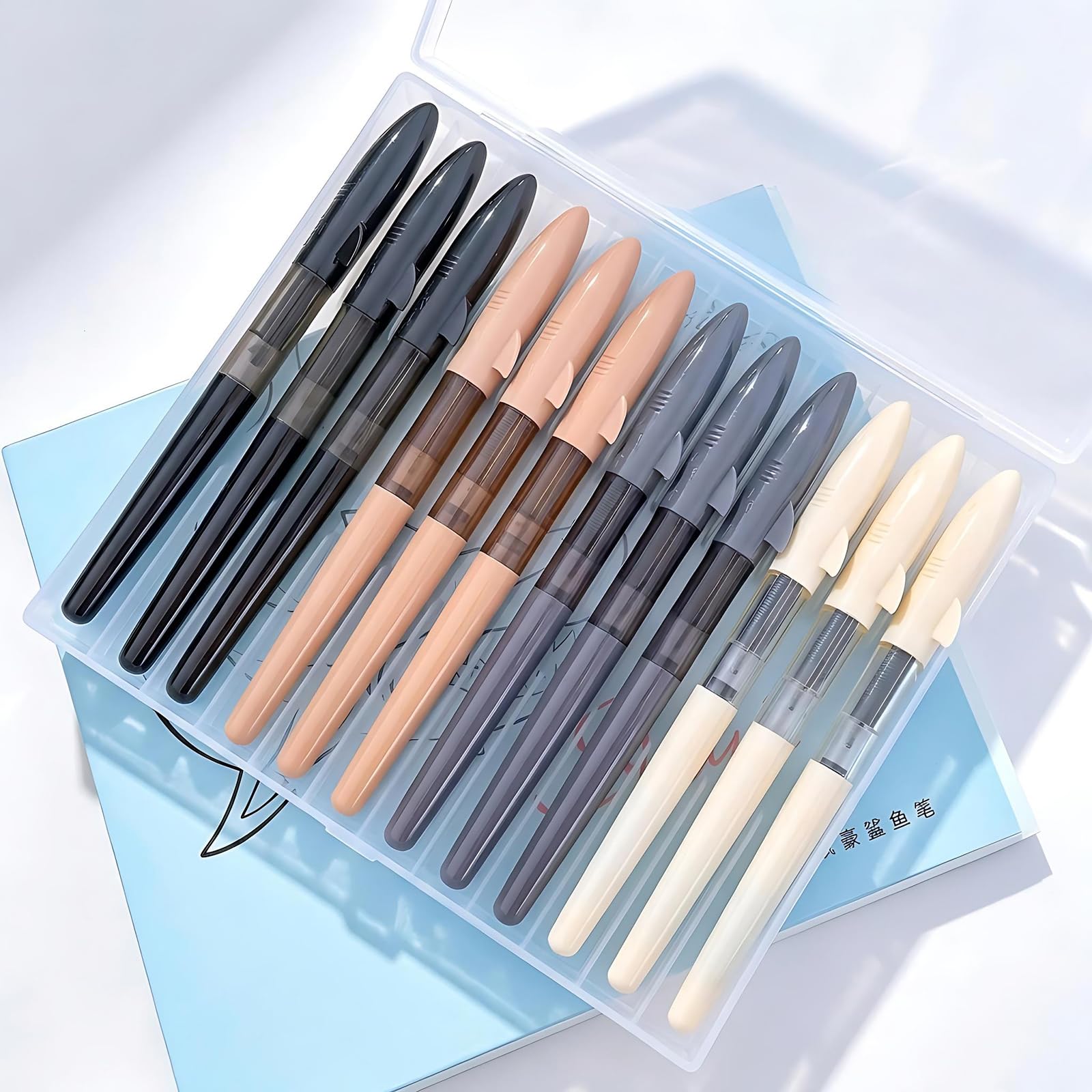Jinhao Shark Fountain Pen, 12 Pack Fine Nib, Professional Office Colors (Clear Black, Ivory, Grey, Milk Tea), Converters & Storage Case — image 1