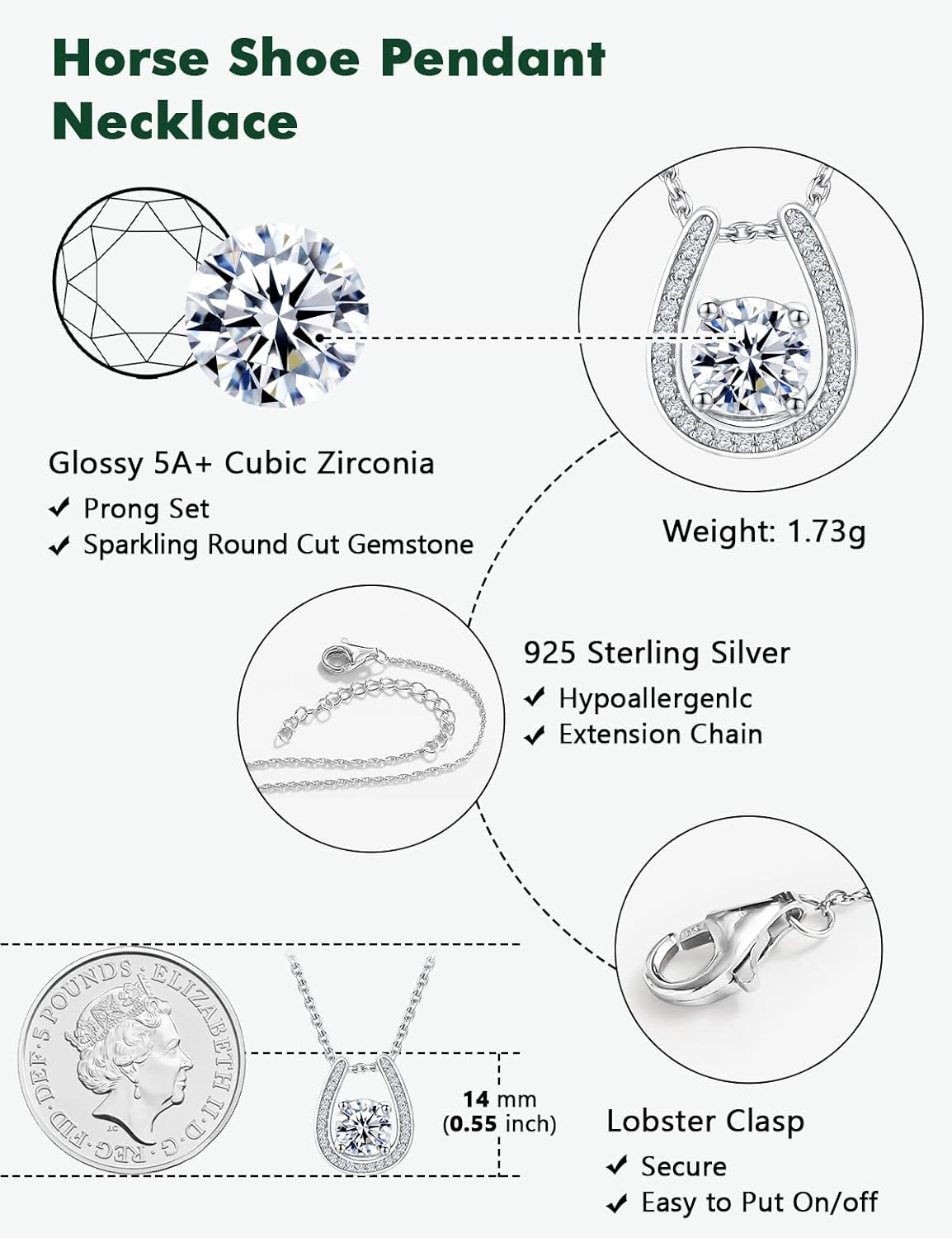 925 Sterling Silver Horseshoe Necklace for Women Round Gemstone Birthstone Necklace Sapphire/Emerald/Ruby/CZ Horse Shoe Pendant Necklaces Jewelry Gift - Image 6