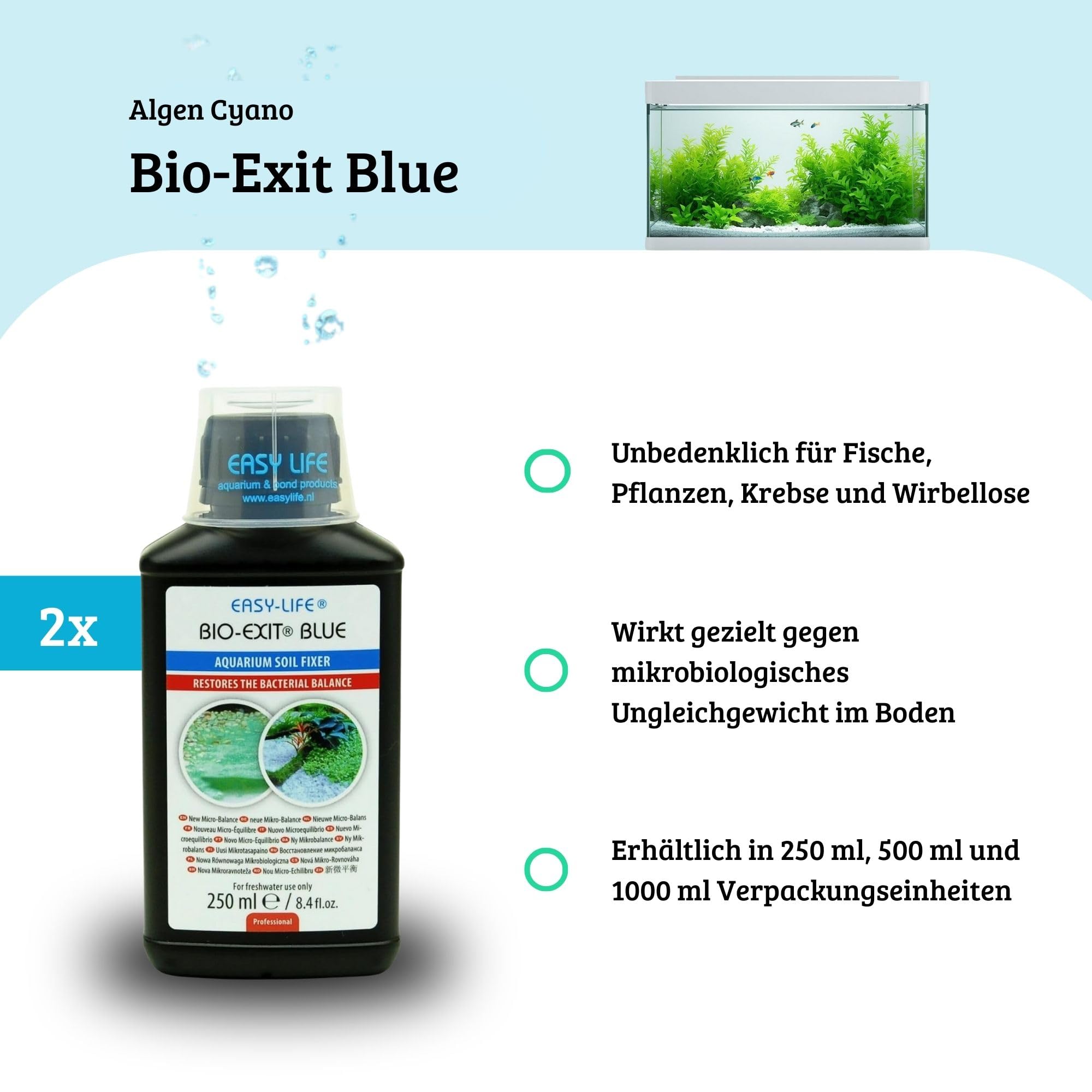 Easy Life Bio-Exit Blue 2er Pack – 2X 250 ml Behandlung gegen Blaualgen im Aquarium, bekämpft effektiv Cyanobakterien, einfache Anwendung, sicher für Fische und Pflanzen