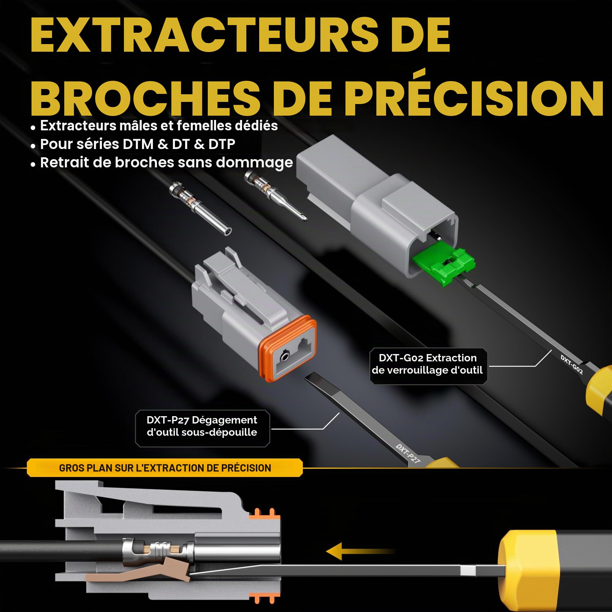 DxCRIMP Kit Pince à Sertir pour Connecteurs Série DT, 2-6 Broches Connecteurs Étanches, Contacts Estampés T16 (22–14AWG/0.34-2.5mm²), Pince à Cliquet et Outils d'Extraction, Compatible avec Deutsch DT