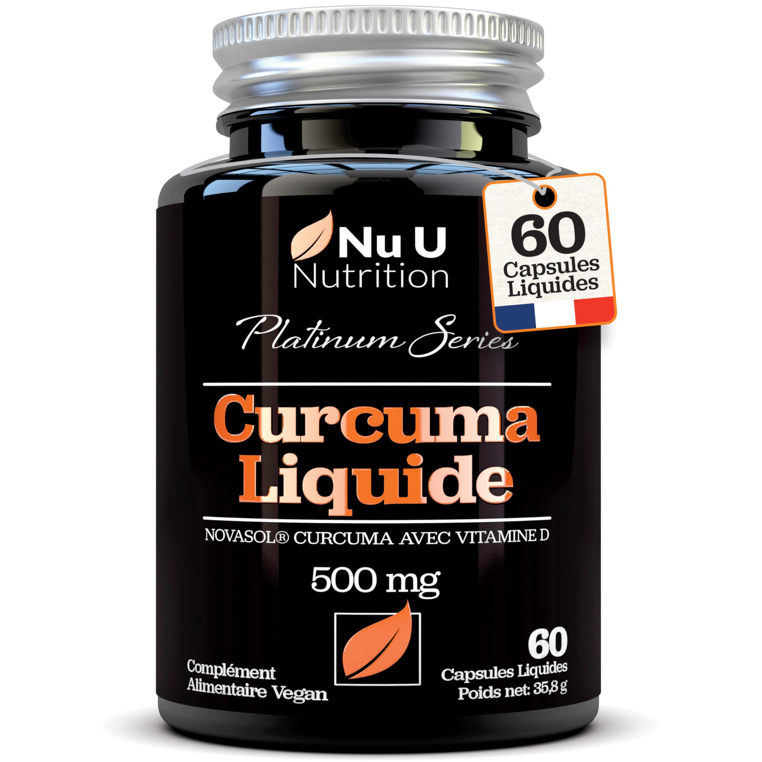 Turmeric Curcuma Capsules (Liquide) avec Vitamine D 185 plus de Biodisponibilité NovaSOL® Curcumine, 60 Capsules, Premium Turmeric Curcumine Liquide de Forte Puissance, pas de Comprimés