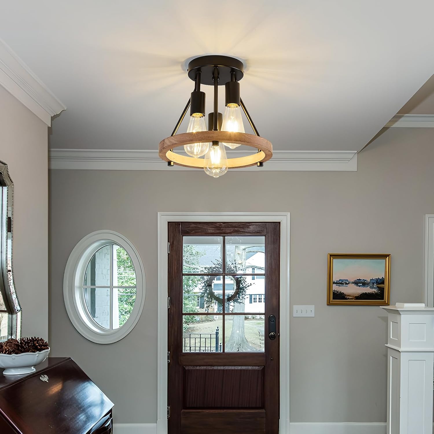 3-Light Wood Semi Flush Mount Ceiling Light Fixture Metal Rustic Ceiling Light Industrial Farmhouse Chandelier for Hallway Entryway Bedroom Kitchen Foyer Passway Balcony