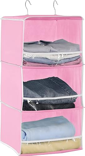 Simple Houseware Organizador de armario colgante con 3 estantes con tapón frontal, color rosa