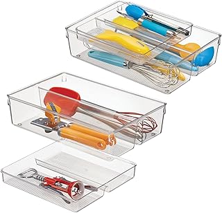 mDesign Drawer Organiser - Two Piece Kitchen Drawer Storage Box - Sliding Cutlery Tray with Four Compartments for Kitchen Utensils - Clear