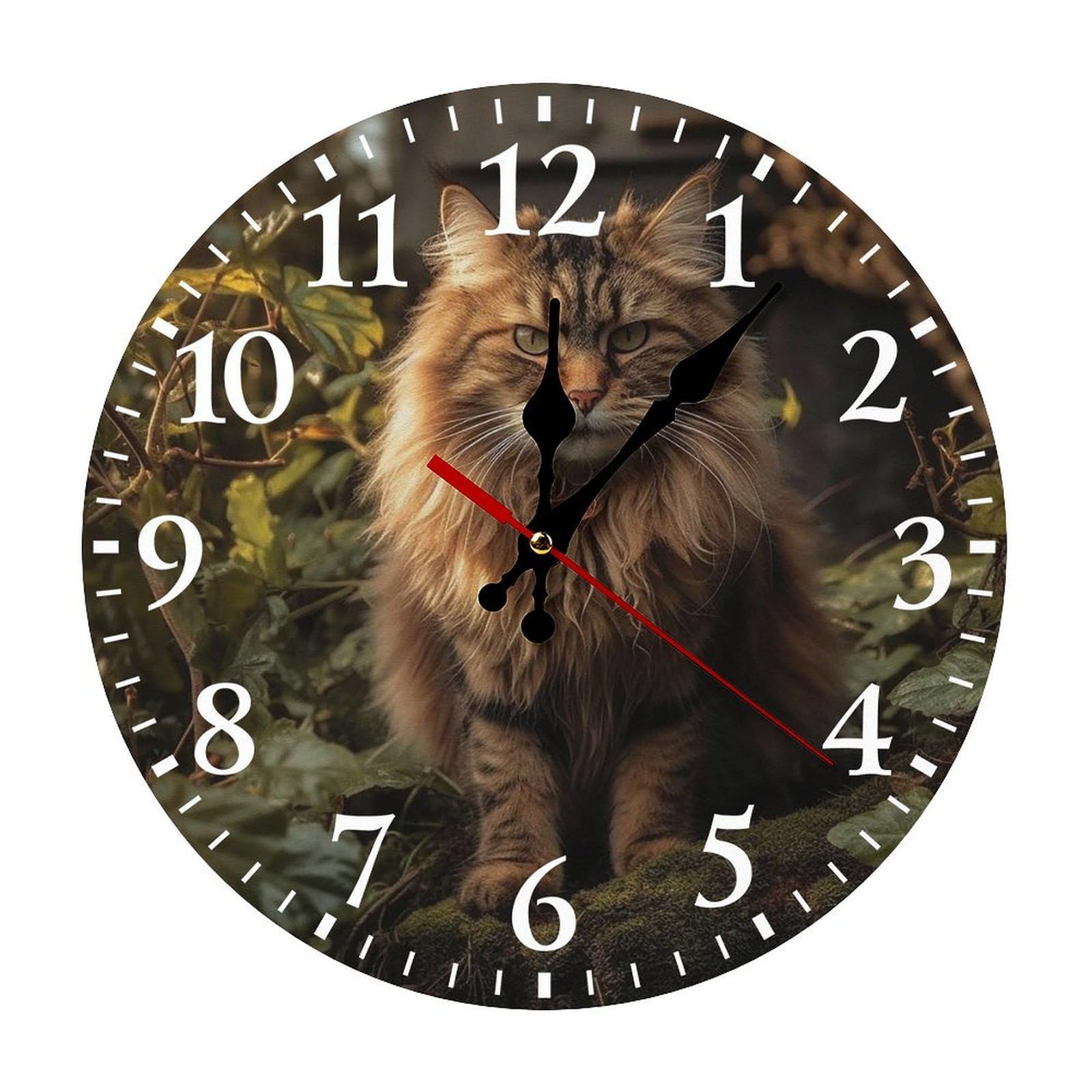 NTVOWPZO 10 Inch Wall Clock Cat Sitting in Bush Battery Operated Wall Clocks Silent Non-Ticking Round Wall Clock for Living Room Kitchen Home Office Wall Decorative Clock