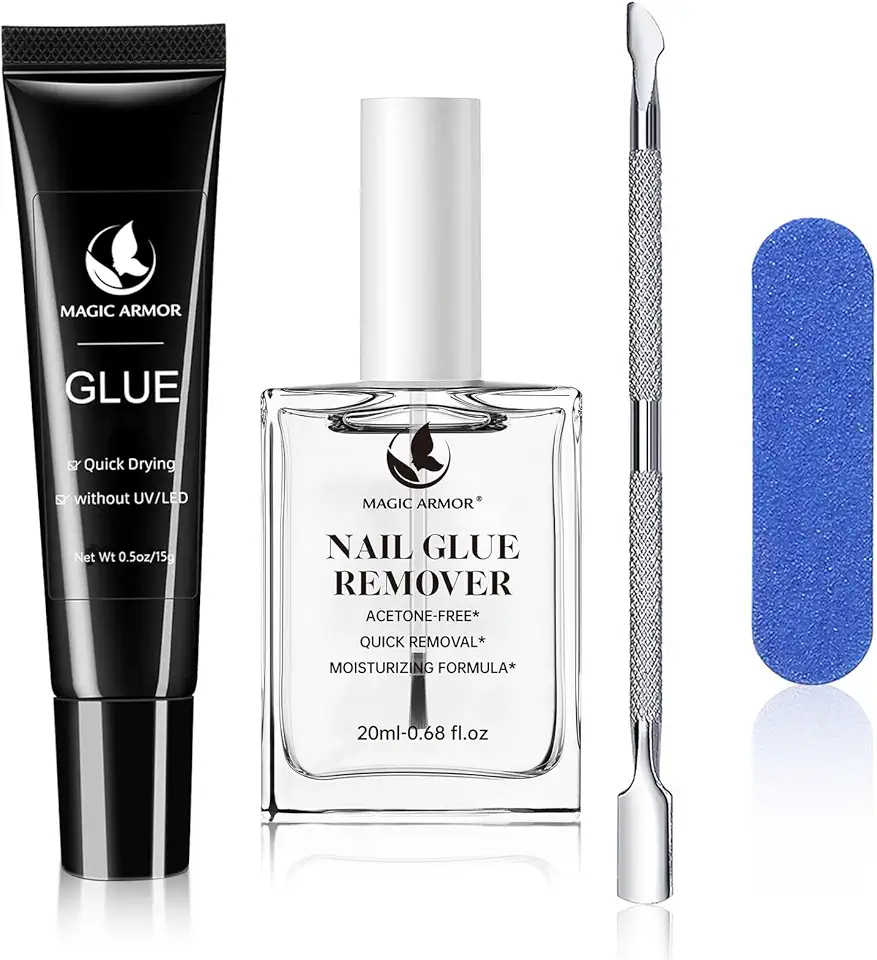 MAGIC ARMOR Kit De Cola E Removedor Para Unhas Postiças – Sem Necessidade De Uv, Adesivo Forte De Secagem Rápida E Removedor Sem Acetona, Cola Semissólida De Longa Duração E Removedor Suave