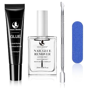 Press On Nail Glue & Remover Set No UV Needed, Quick Dry Strong Adhesive & Non-Acetone Debonder, Long Lasting Semi Solid Glue & Gentle Remover for Fake Acrylic Nails