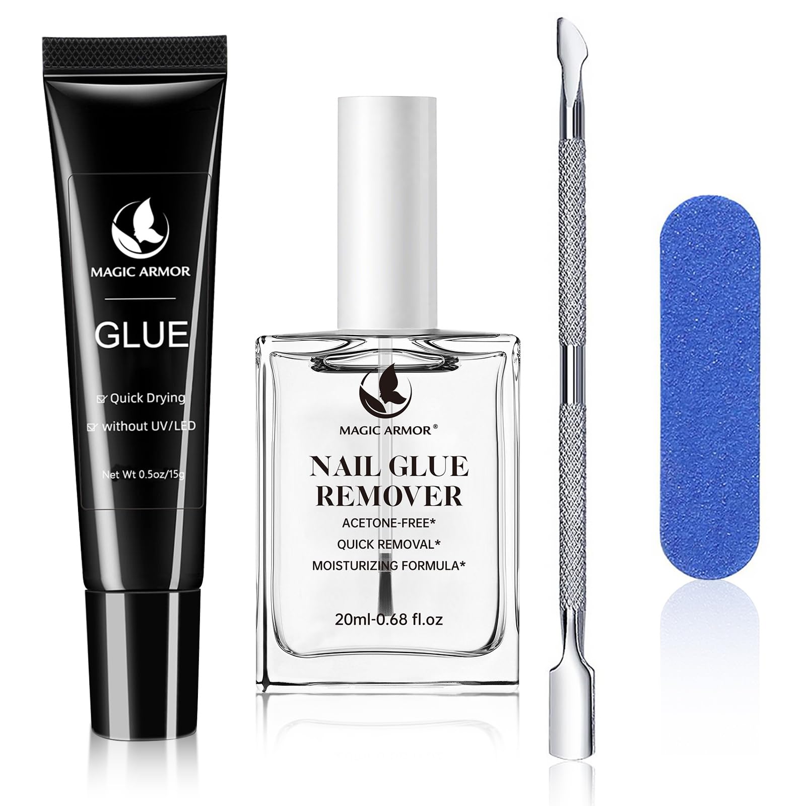 Press On Nail Glue & Remover Set – No UV Needed, Quick Dry Strong Adhesive & Non-Acetone Debonder, Long Lasting Semi Solid Glue & Gentle Remover for Fake Acrylic Nails