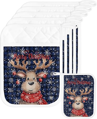 Miniatura 41 de Juego de 2 agarraderas de tela de toalla para cocina, antideslizantes, aislantes y térmicas, con bolsillo, guantes gruesos para horno, posavasos