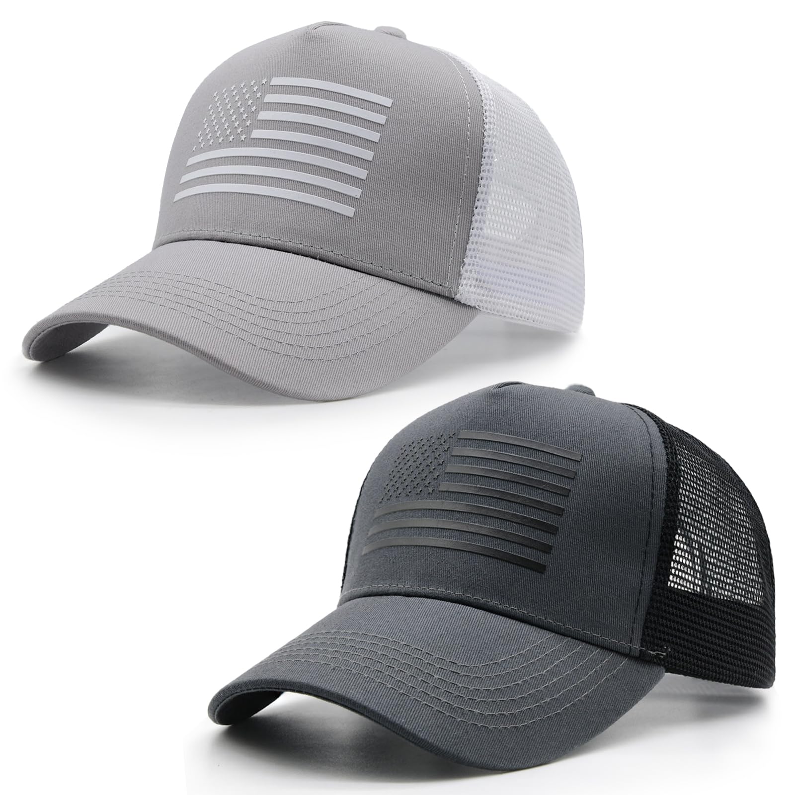 HAFOUXIGM 2 Packs American Flag Trucker Hat, Adjustable Mesh Snapback USA Flag Baseball Caps for Men Women