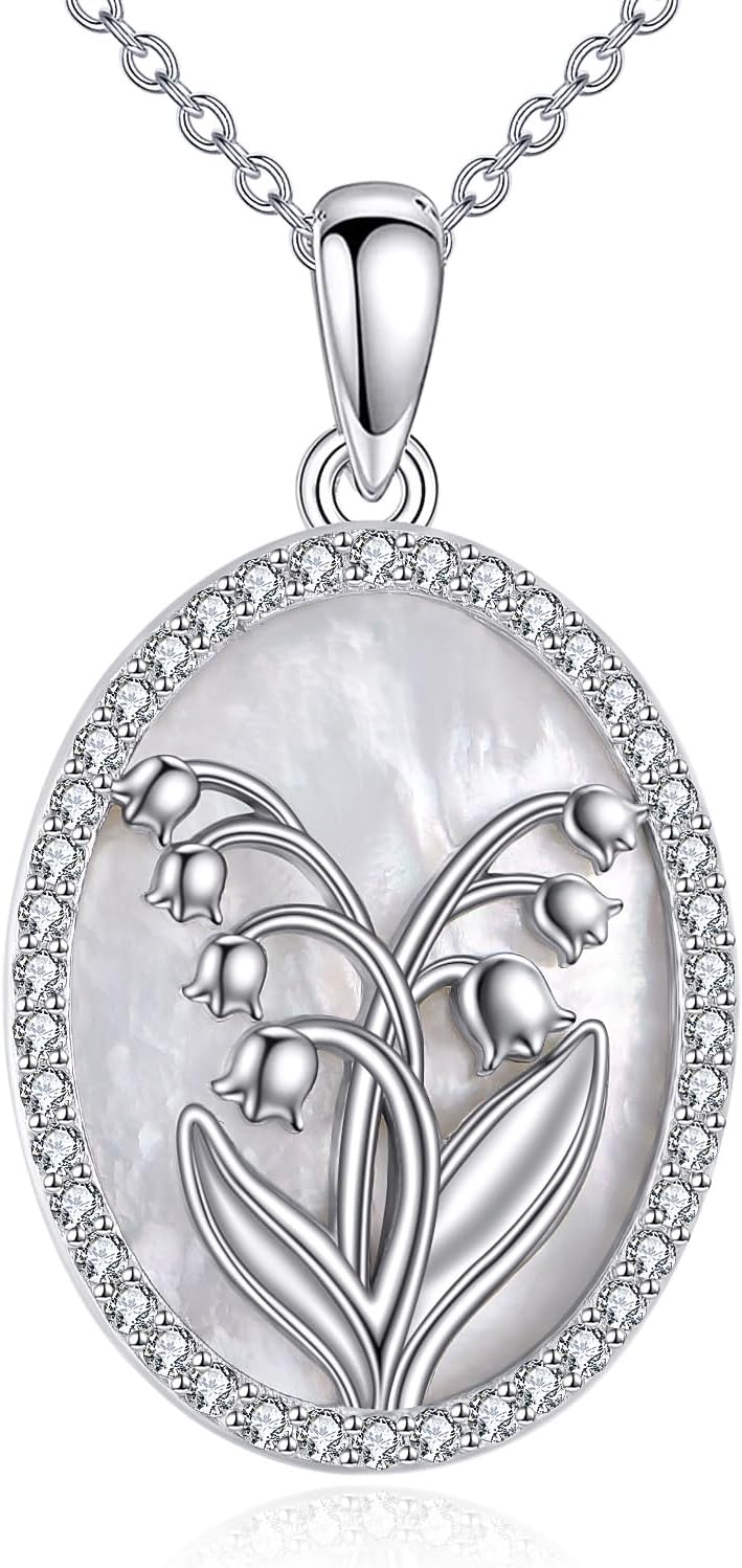 URONE Flower Necklace 925 Sterling Silver Birth Flower Pendant Mother of Pearl Necklace Jewelry Gift for Women