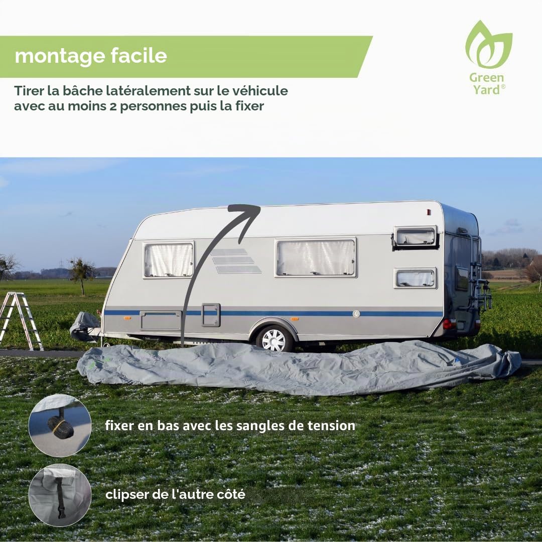 GreenYard® Bâche de Protection pour caravanes ou Camping-Cars | Taille XL 670 x 250 x 220 cm | Housse de Camping | Protection Contre la poussière et l'humidité | Respirant | Durable