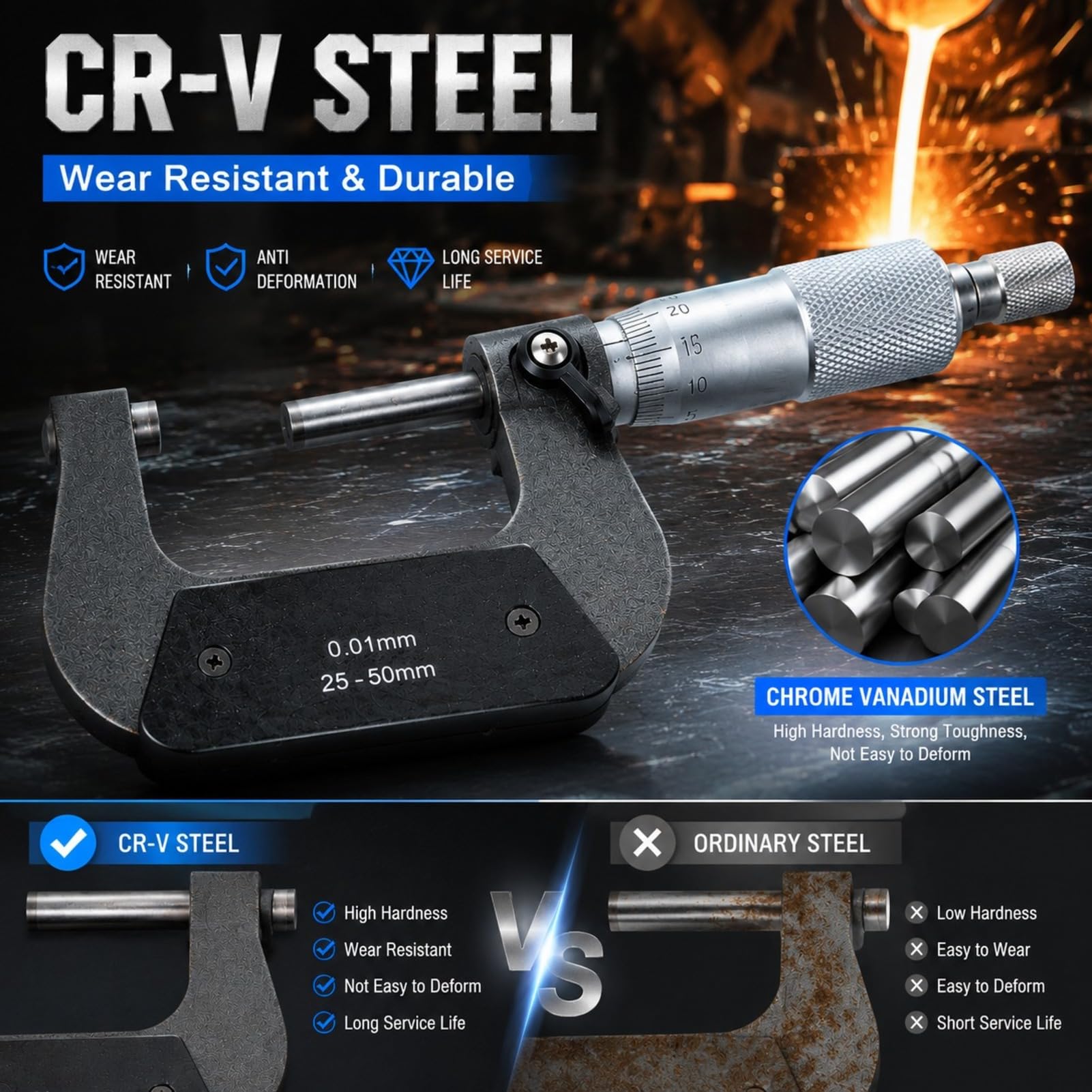 Micromètre Lvifloae Diamètre à l'extérieur Chrome Vanadium Steel Locking Mesurer Instrument de 25 à 50 mm Outils