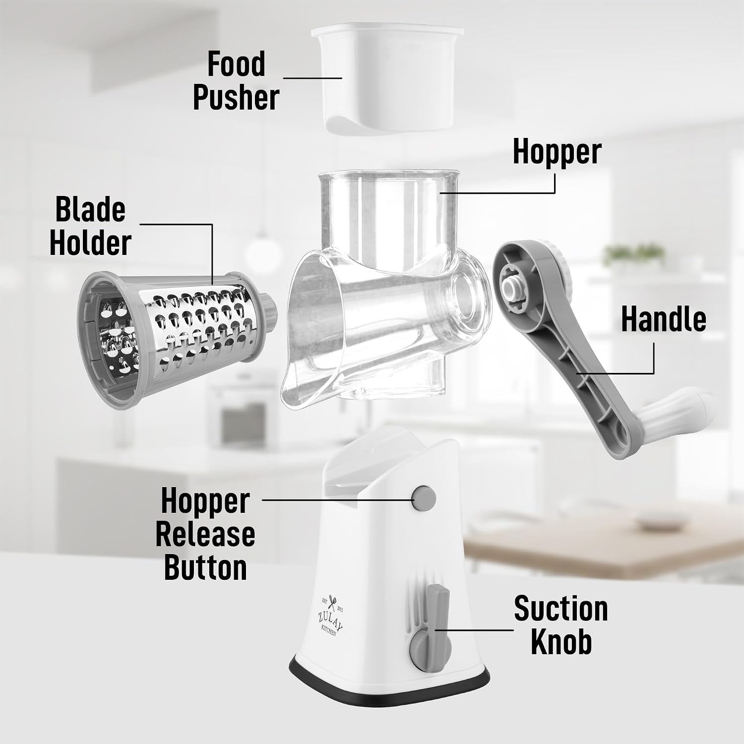 Zulay Kitchen Rotary Cheese Grater 5 Blade Cheese Shredder - Manual Hand Crank Cheese Grater With Reinforced Suction & 5 Interchangeable Drums - Easy to Use, Vegetable Chopper Round Mandoline Slicer