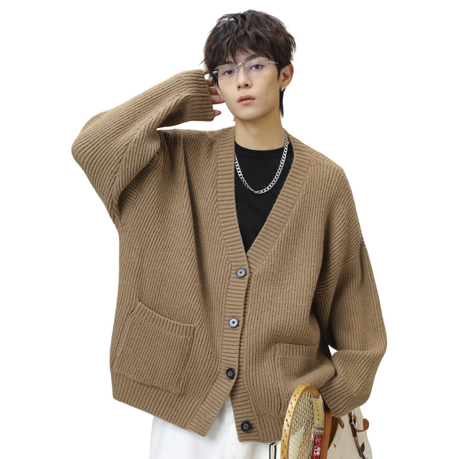 Cardigan Punto Hombre, Chaqueta Punto Botones Hombre Manga Larga con Un Solo Botonadura con Bolsillo Abrigo Color Sólido Informal con Botones Suéter Grande Chaqueta De Entretiempo De Punto