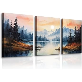 MHARTK66 Watercolor Forest Canvas Picture Set Living Room Sunset Sea Water Wall Pictures Bedroom Autumn Mountain Landscape Picture Aesthetic Modern Wandeko Wall Art Bathroom Hallway Office