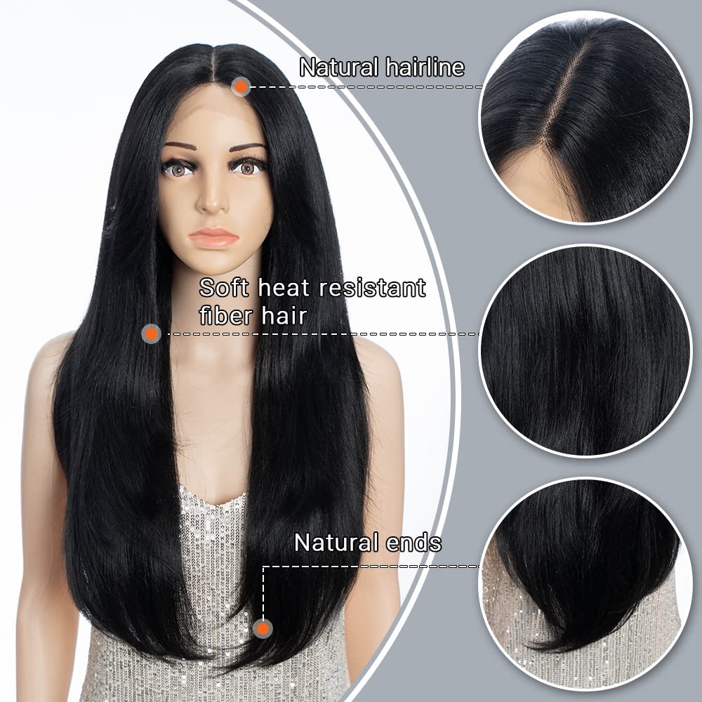 FASHION IDOL Lace Front Wig for Women Synthetic Natural Black Door Curtain Multi-layered Flared Bangs in the Split Lace Hair Stitching Color Wig 28 Inches 150% - Image 3