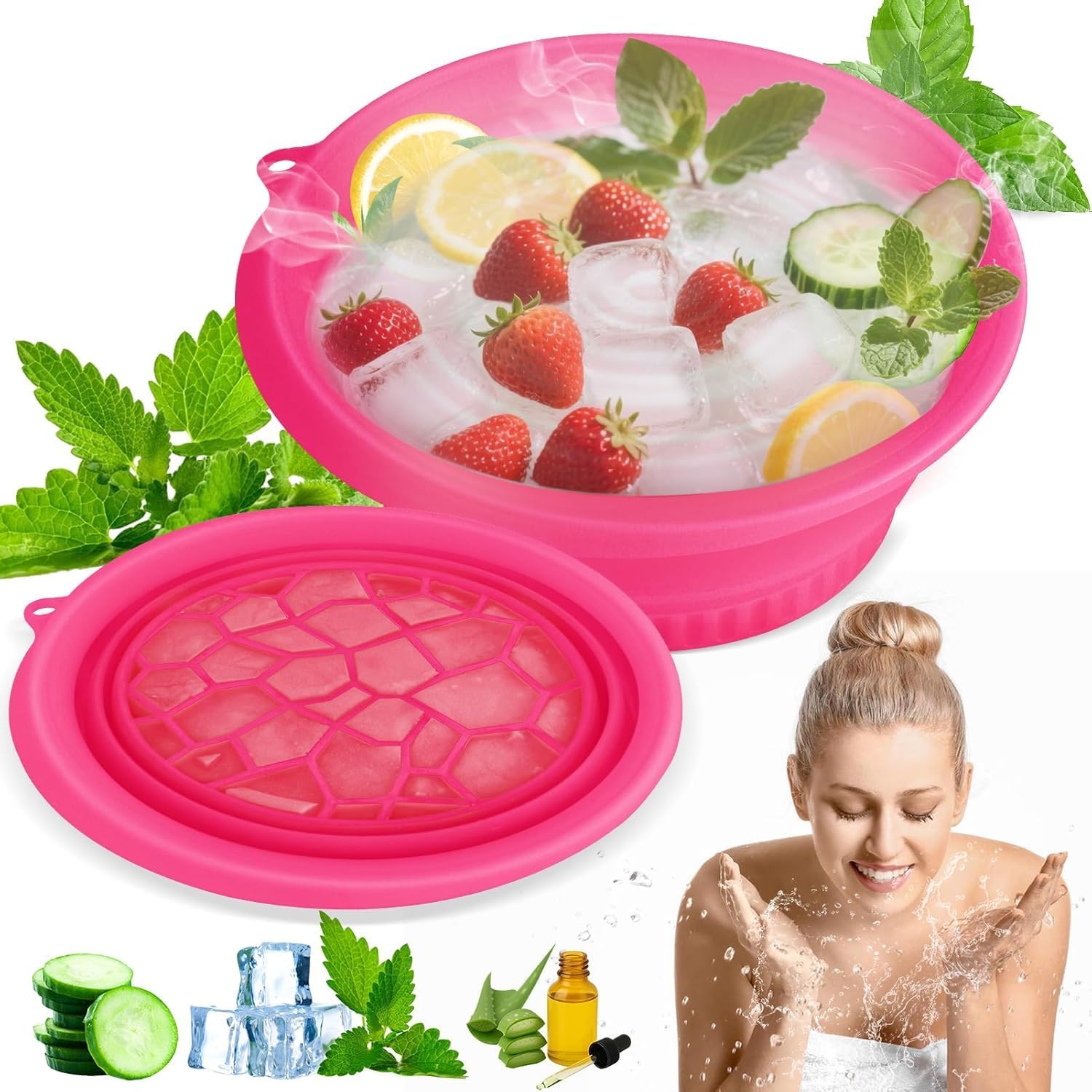 Yadava Silicone Collapsible Face Bowl for Women with Built-In Ice Tray Modern Style Black Round Dishwasher Safe Basin for Face Bath Soaking and Washing (Rose)