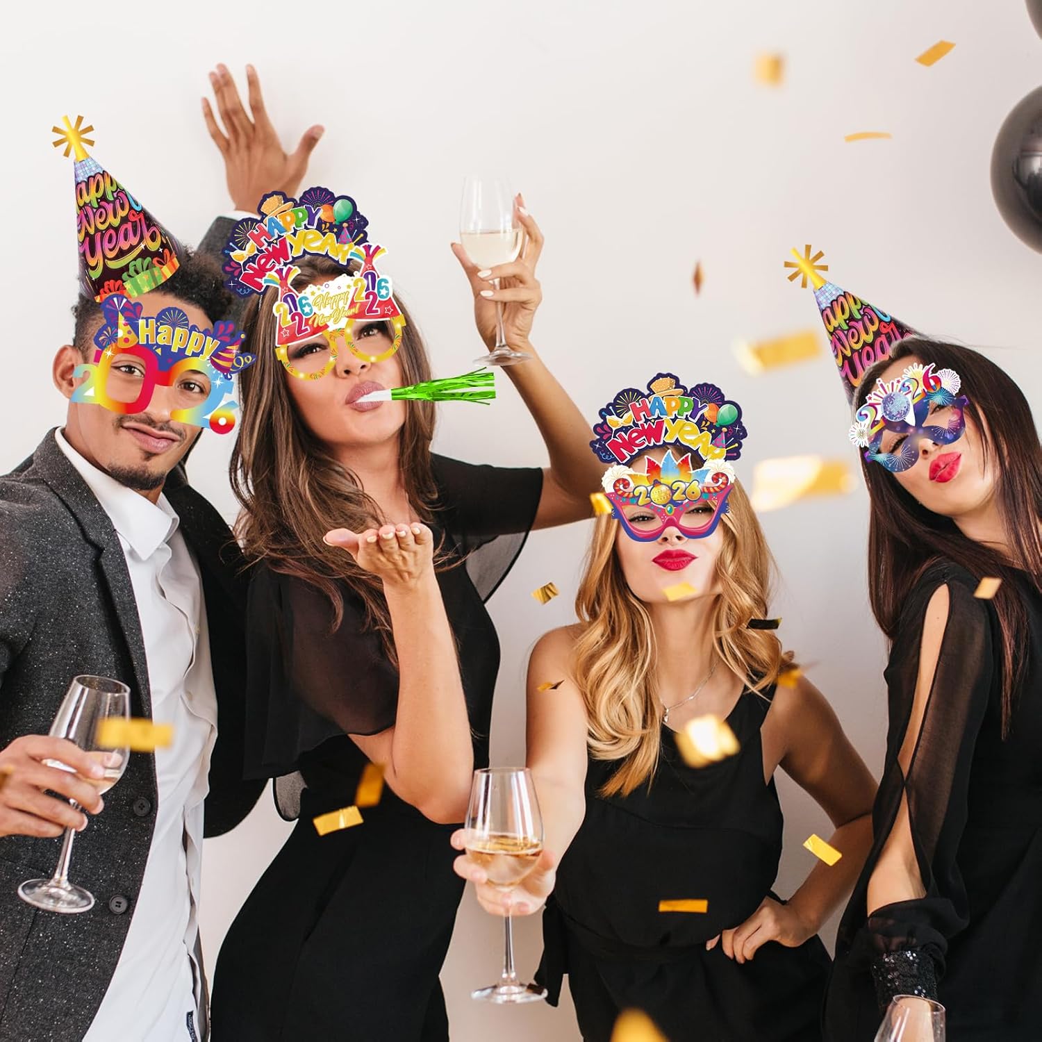 HOWAF 40pcs Neon Color 2026 New Year Eve's Party Supplies Set- Include New Year Paper Hats Headband Paper Eyeglasses Blowouts for 2026 NYE Decorations Accessories - Image 7