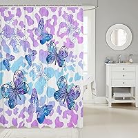 Vista 2 de Manfei Cortinas de ducha de mariposa con estampado de leopardo morado, cortinas de baño impermeables con 12 ganchos para bañera, cortinas de baño