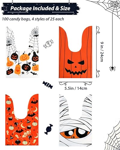 Miniatura 3 de Weenkilly 100 bolsas de golosinas de Halloween, 4 estilos de bolsas de dulces, bolsas de golosinas para niños, lindas bolsas de plástico con orejas