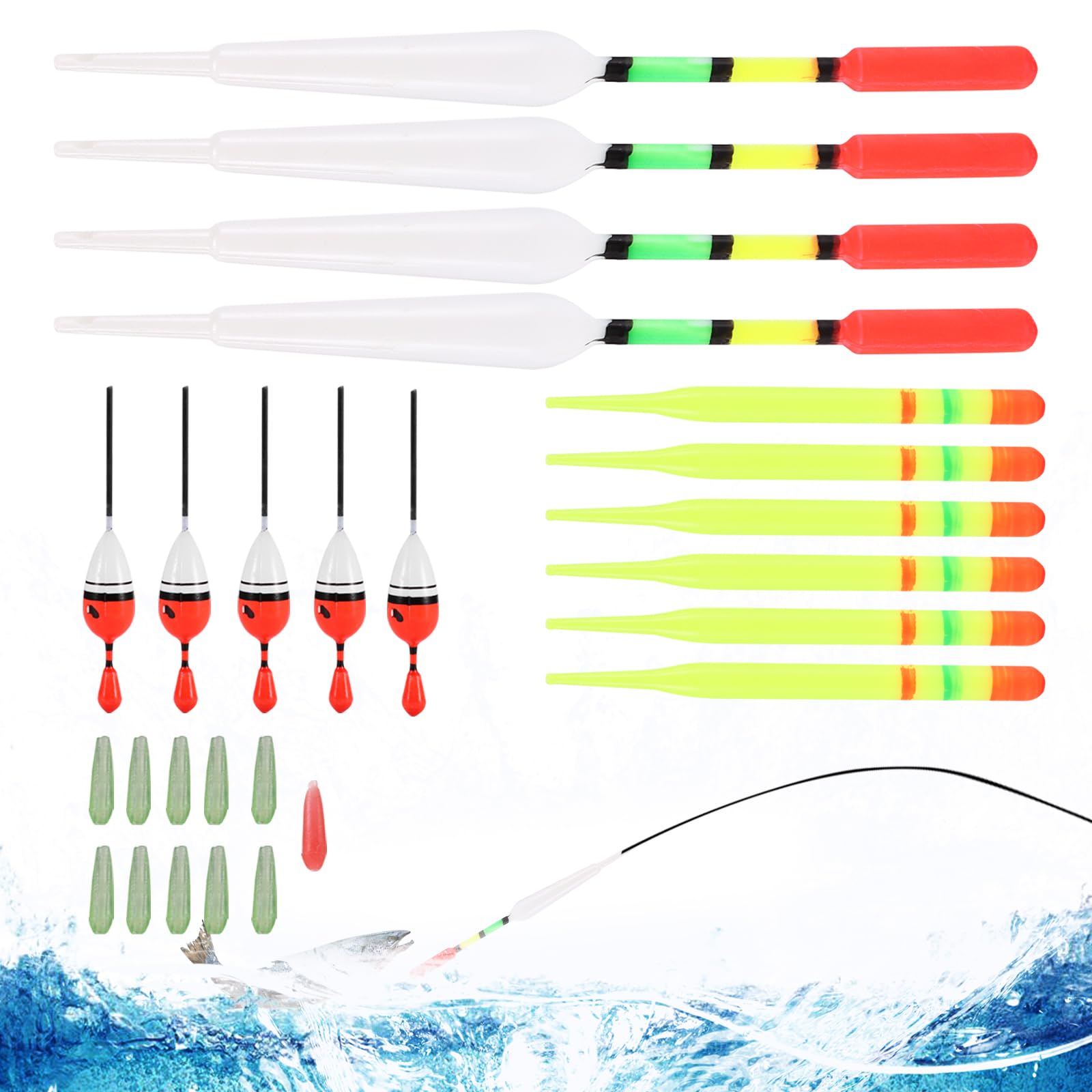 QIUWORE15Pcs Fishing Floats,Float Fishing Kit,Bubble Floats for Fishing,for Fishing in Stillwater and Running Waters, Mixed Float and Accessory Set
