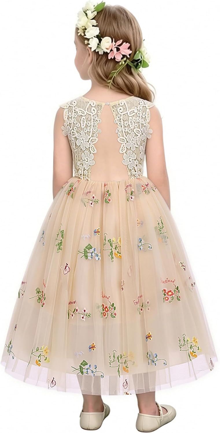 Flower Girl Dress Sleeveless Floral Tulle Dress for Girls Princess Bridesmaid Dresses for Wedding Party Birthday