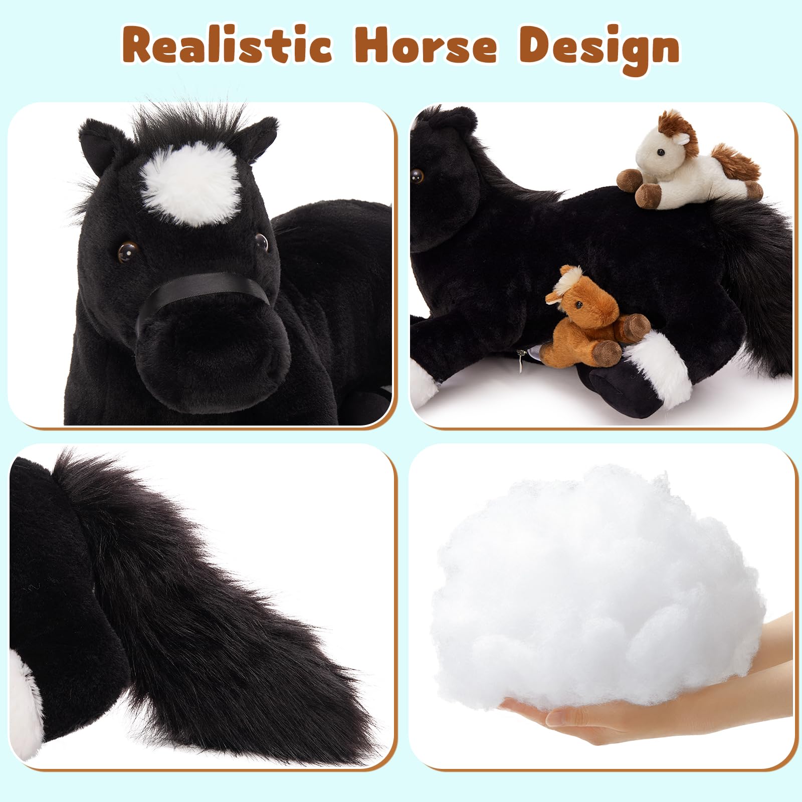 MorisMos Black Horse Teddy with Babies inside, Lifelike Cuddly Horses Pony Stuffed Animal Plush Soft Toys, Kawaii Presents for Kids Girls Boys Birthday Party Decoration (45cm) — view 4