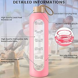 PROBTTL 32 Oz Borosilicate Glass Water Bottle with Time Marker Reminder Quotes, 1 Liter Leak Proof Reusable BPA Free Motivational Water Bottles with Silicone Sleeve and Bamboo Lid (Pink)