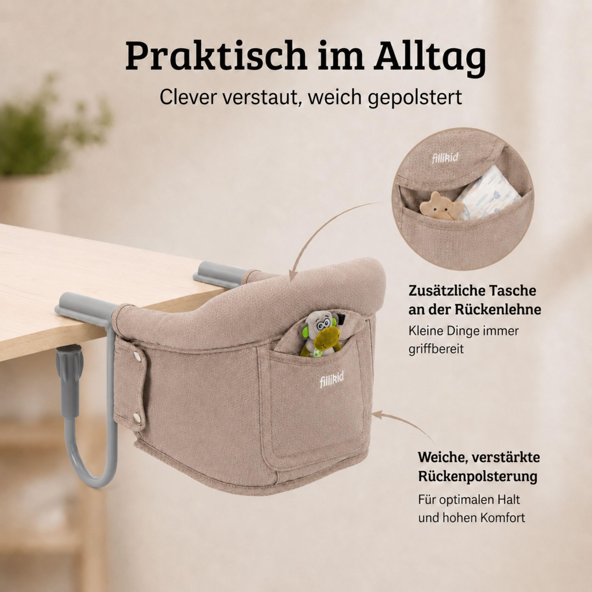 Fillikid Babyworld Tischsitz | Faltbarer Babysitz | Stuhlsitz mit klappbarer Schraubfixierung | Boostersitz mit Anti-Rutsch-Klemmen und Tragetasche | Babysitz für dicke Tischplatten | Tischstuhl
