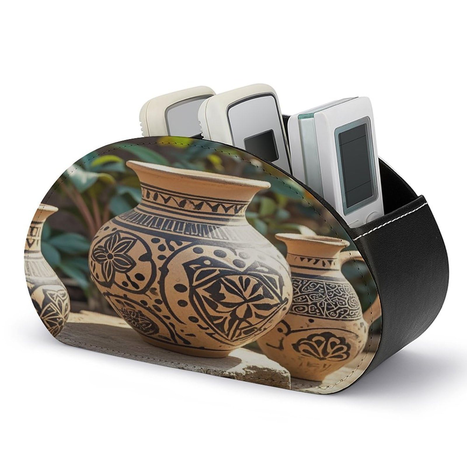 FekiLoot Africa Ethnic Pottery TV Remote Control Holder with 5 Compartments Multi-functional Leather Bedside Table Remote Caddy Desktop Storage Box for Store Pen Controller Media Player Cosmetic