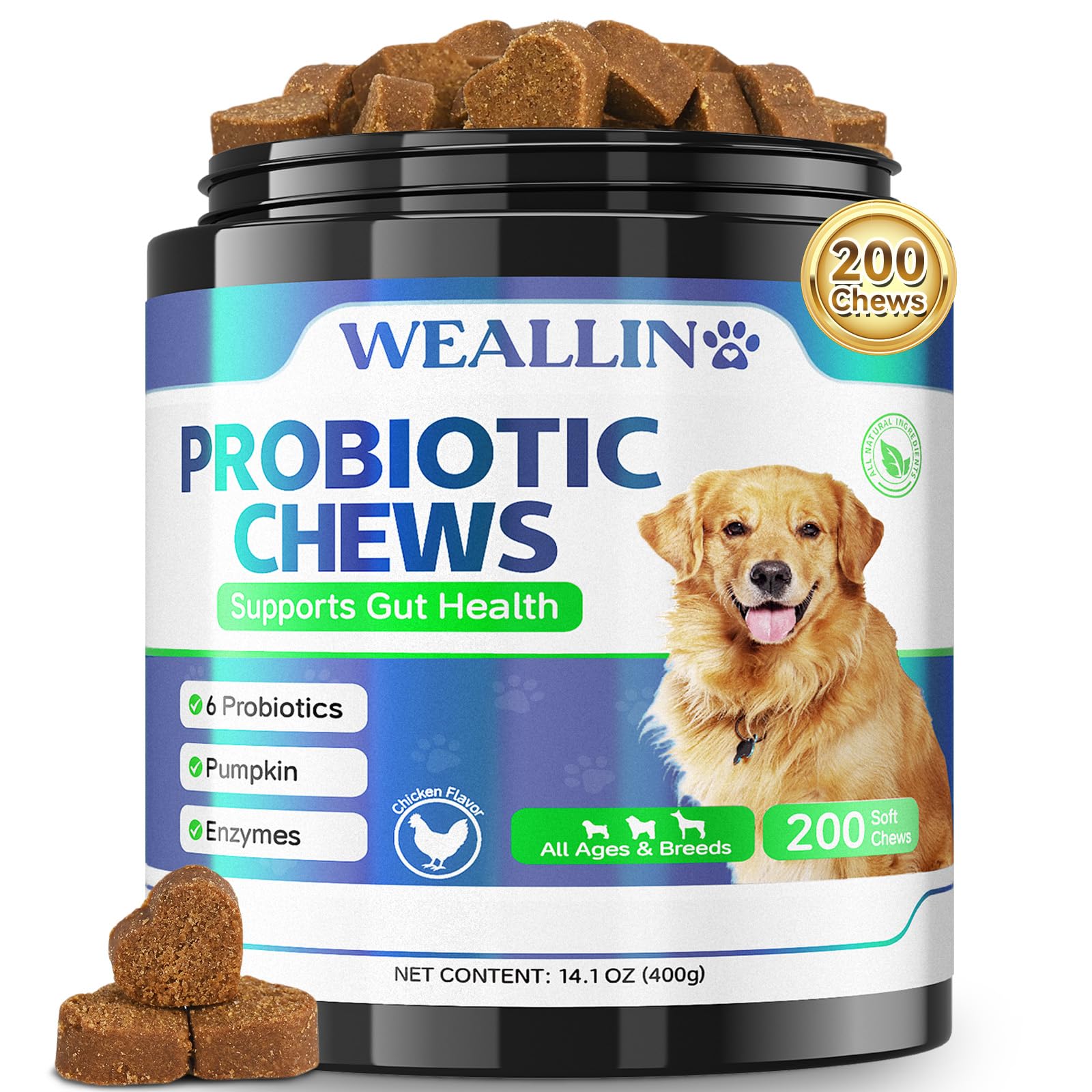 Probiotics for Dogs, Prebiotics for Gut Health, Supports Digestive Health and Nutrient Absorption – 200 Soft Chews for Supports Skin Health & Supports Overall Health – Suitable for All Breeds and Ages