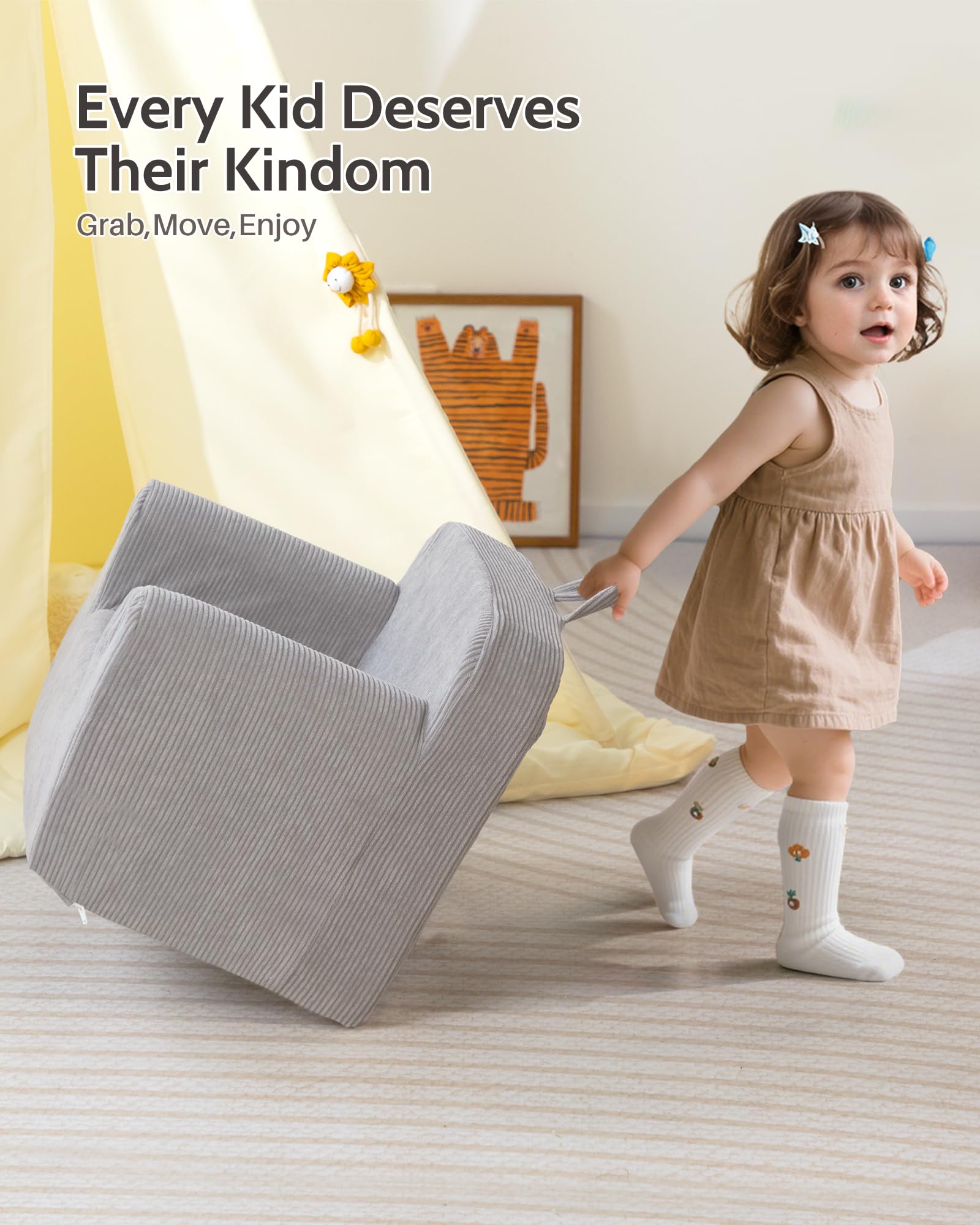 BEJOY Kinderstuhl Ultraweiches Kuschel-Schaumstoff-Sofa, Einzelsitz Cord-Lesecouch für Jungen und Mädchen, Grau