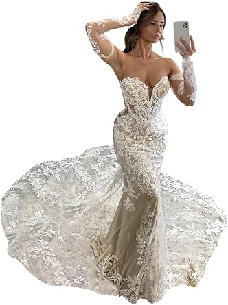 Wedding Dresses for Bride Mermaid Lace Long Sleeve Off Shoulder Bridal Dress for Women
