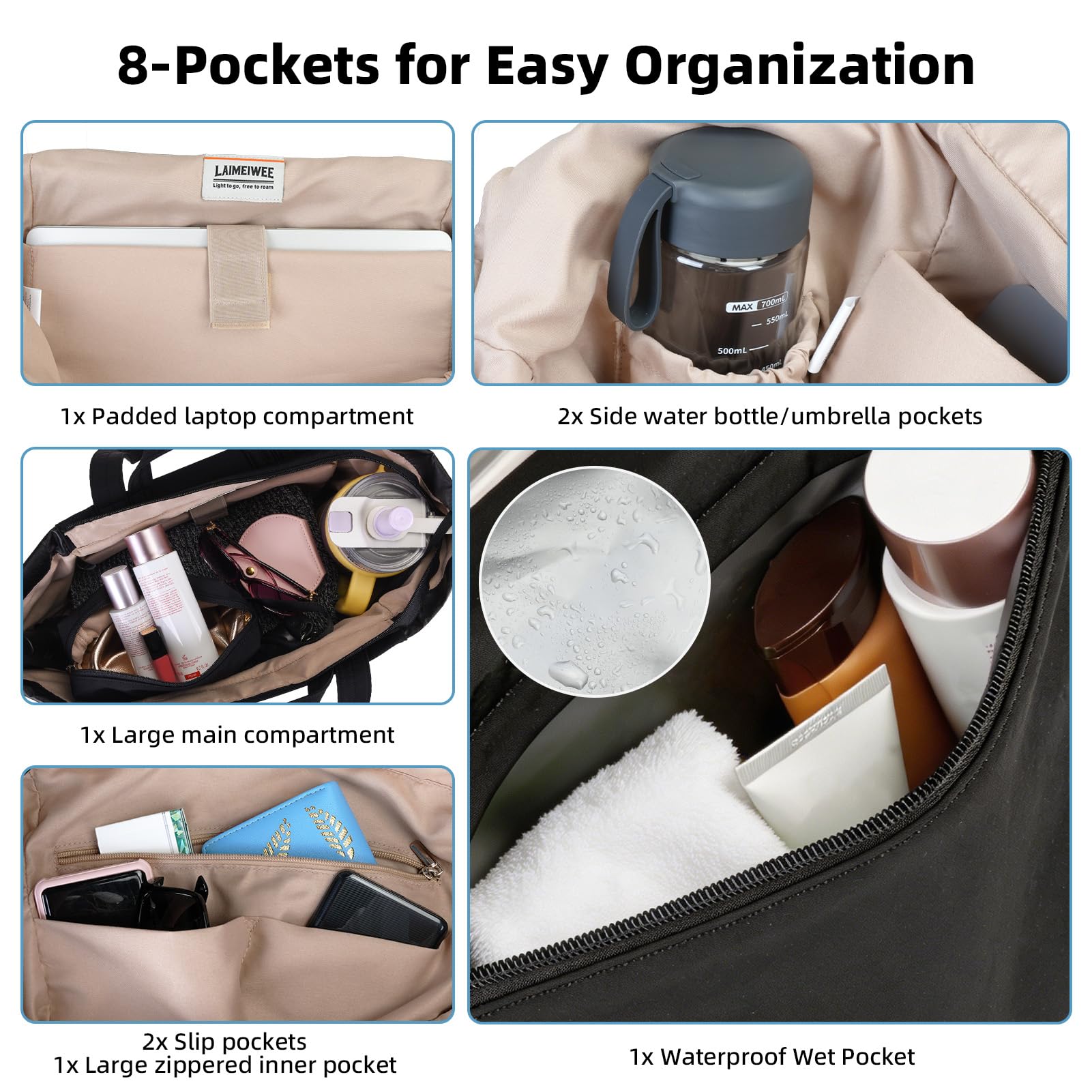 Bolso tote mujer, bolsos de viaje ligeros para el gimnasio con correa para esterilla de yoga, bolsillo impermeable, bolsa para zapatos y neceser; juego de 3 piezas. Bolso tote versátil — view 6
