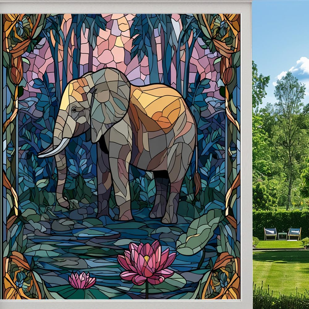 Colorful Elephant Frosted Window Film, Tropical Jungle Lotus Wildlife Stained Glass Privacy Film, Heat Insulation Self-Adhesive Vinyl for Bathroom Office, （90x160cm）