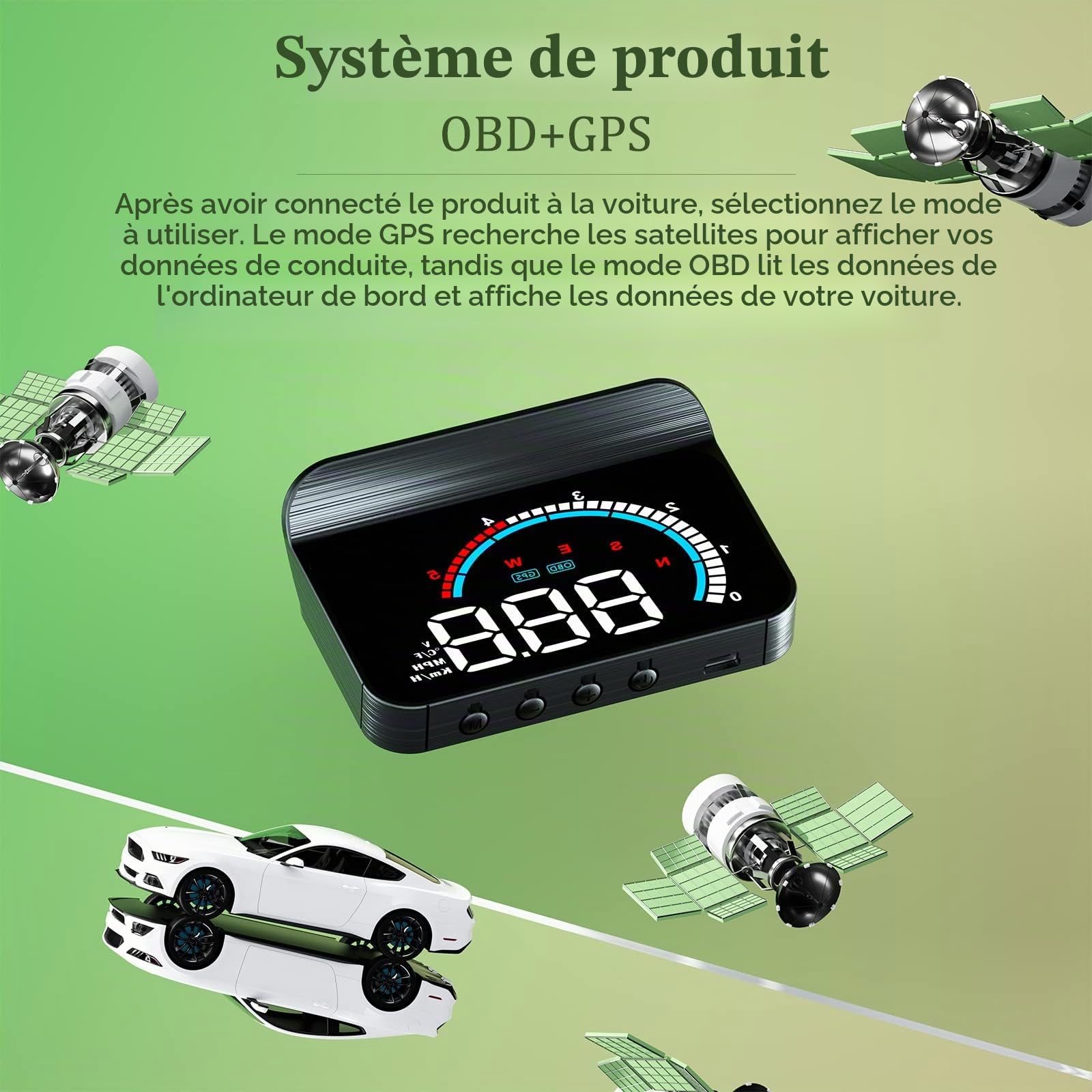 Car HUD Head up Display, OBD2 & GPS Dual Modes HUD, Speedometer, KM/H et MPH, Compatible avec toutes les voitures