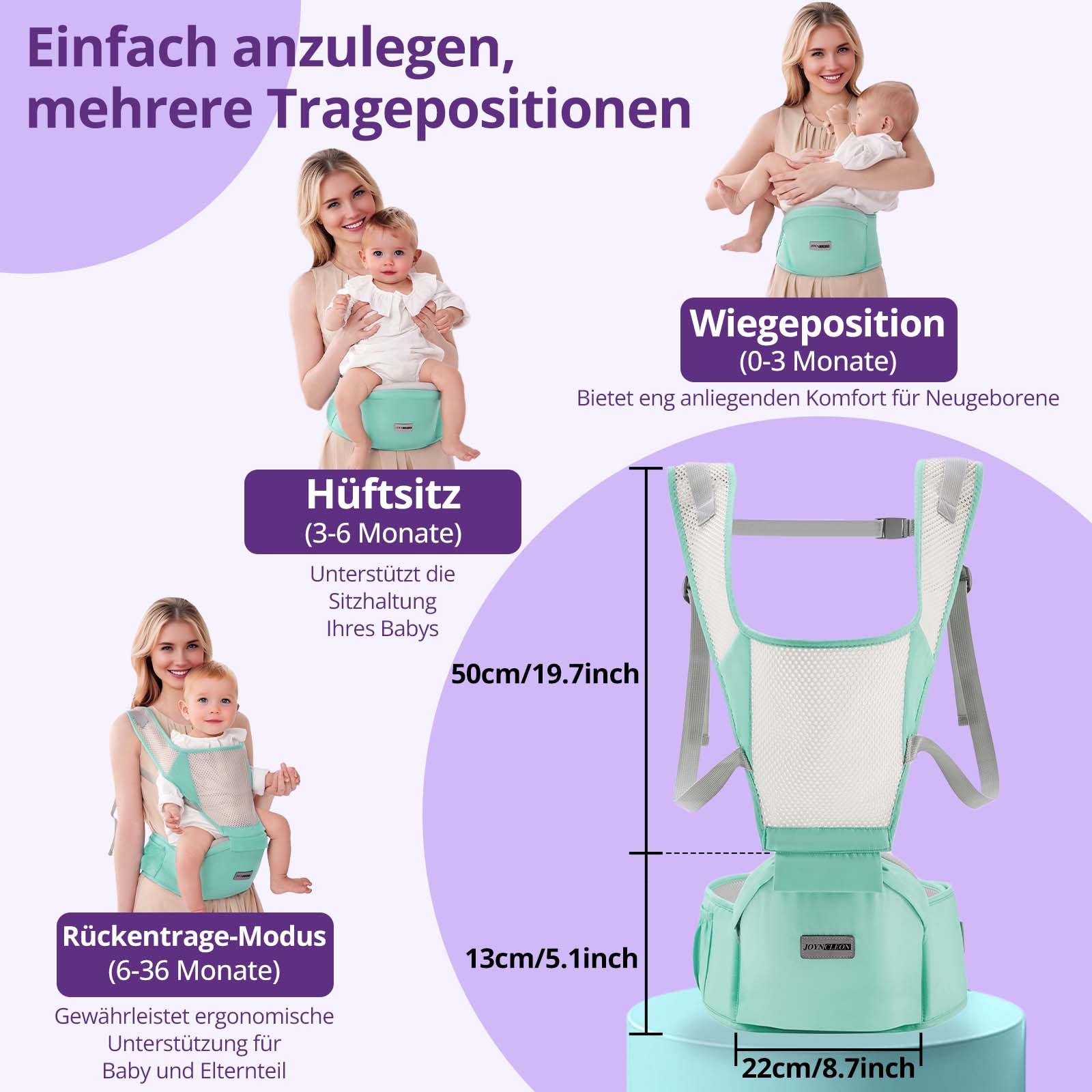 Fular portabebés y lateral – Mochila ergonómica para bebés y niños pequeños con asiento en la cadera, certificado ASTM, ligero y transpirable, 0 – 36 meses (negro) (verde)