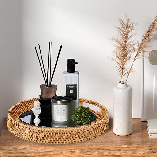 Miniatura 4 de Bandeja de ratán para servir, cesta tejida a mano, bandeja organizadora de decoración del hogar para desayuno, té, aperitivos, frutas, café (redonda